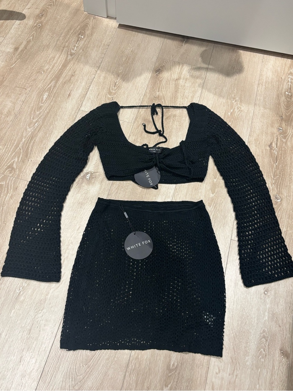 White Fox Boutique Black Crochet Two-Piece Skirt Set